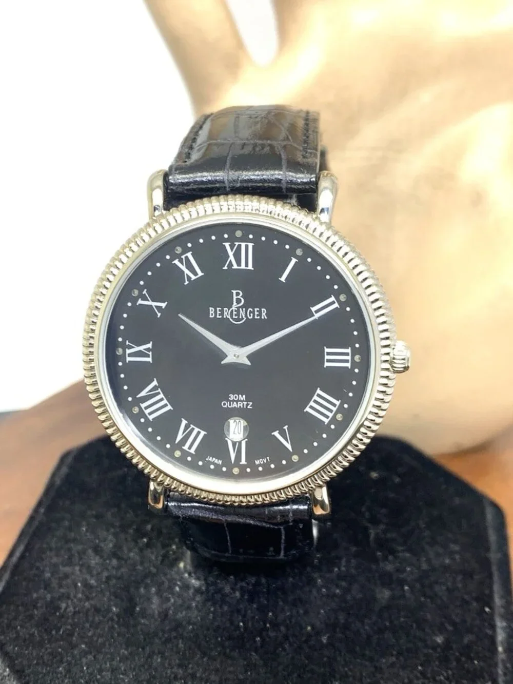 Bergenger Men's Watch Quartz Black Dial Silver Tone Case Leather Strap 38mm